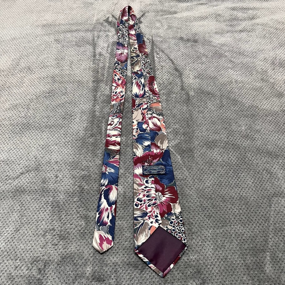 Fraser Thomson & Sons Mens Floral Tie Burgundy Navy Blue Grey Wide 3.75in - Picture 3 of 6